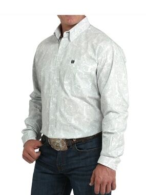 Cinch White Gray Paisley Mens Western Shirt Size Large